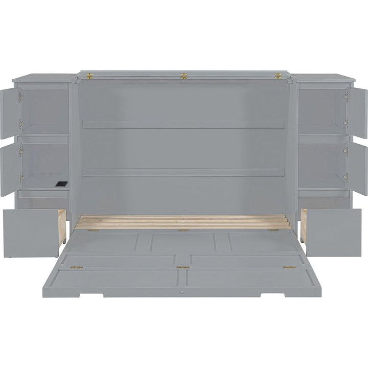 Full Size Murphy Bed with Drawers, Cabinets and USB Ports,Gray