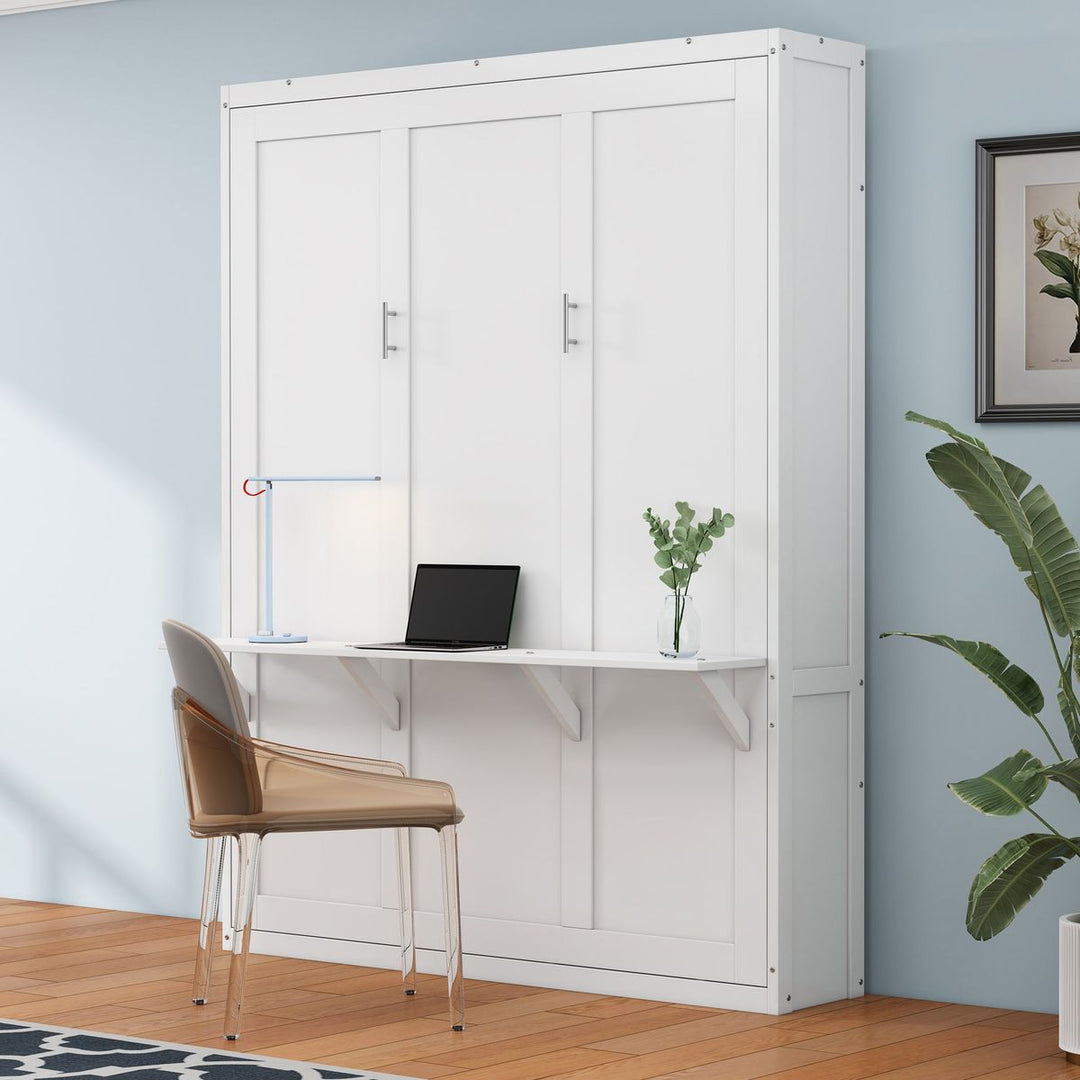 Full Size Murphy Bed with 1 Side Cabinet Storage Shelf, 61.5-inch Cabinet Bed Folding Wall Bed with Desk Combo Perfect for Guest Room,Study, Office,White(old sku:BS7012008109C)