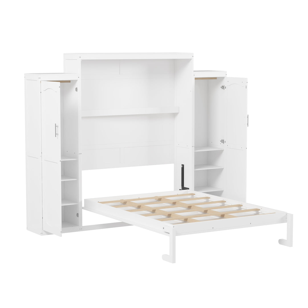 Queen Size Murphy Bed with 2 Wardrobe and Storage Shelf, Multifunctional Foldable Platform Bedframe for Guest-Room, Bedroom, White