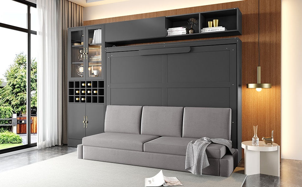 Queen Size Murphy Bed Wall Bed with Sofa , Shelves USB & Light ,Gray