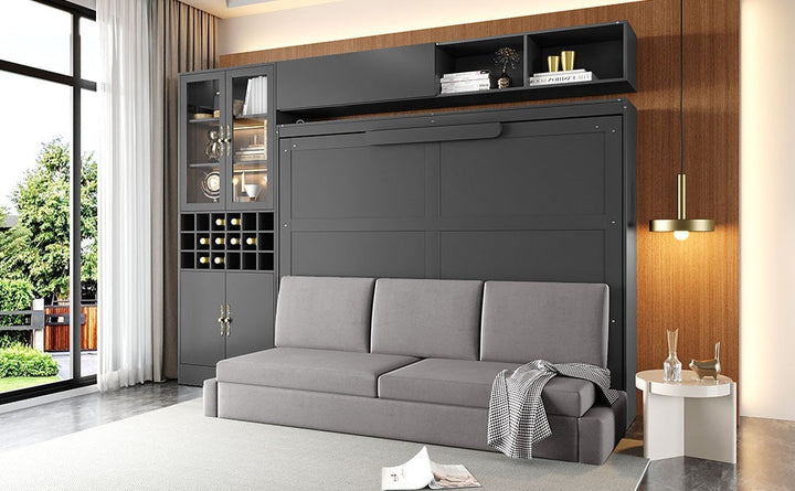 Queen Size Murphy Bed Wall Bed with Sofa , Shelves USB & Light ,Gray