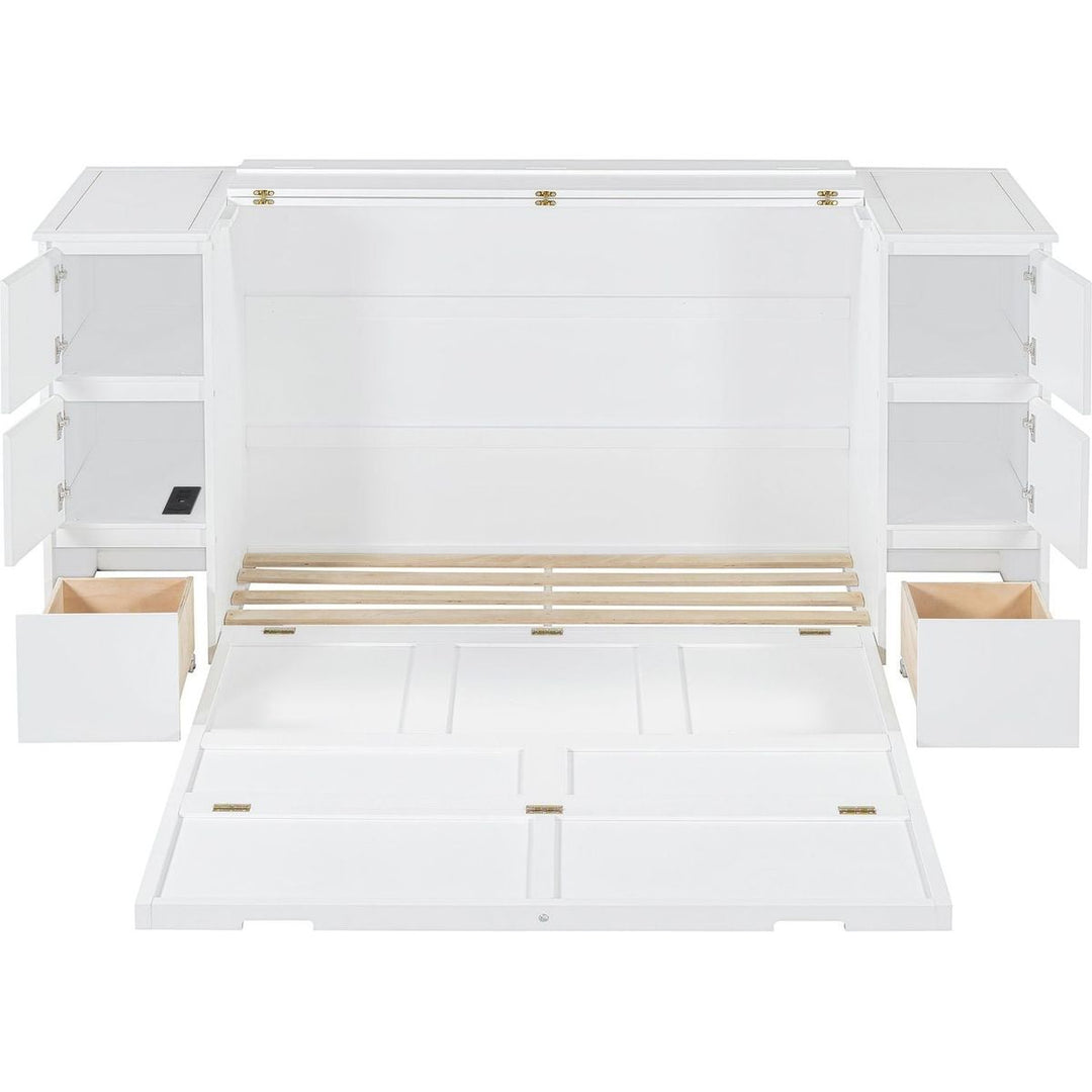 Full Size Murphy Bed with Drawers, Cabinets and USB Ports,White