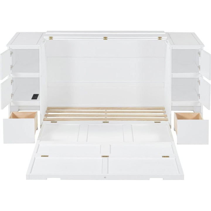 Full Size Murphy Bed with Drawers, Cabinets and USB Ports,White