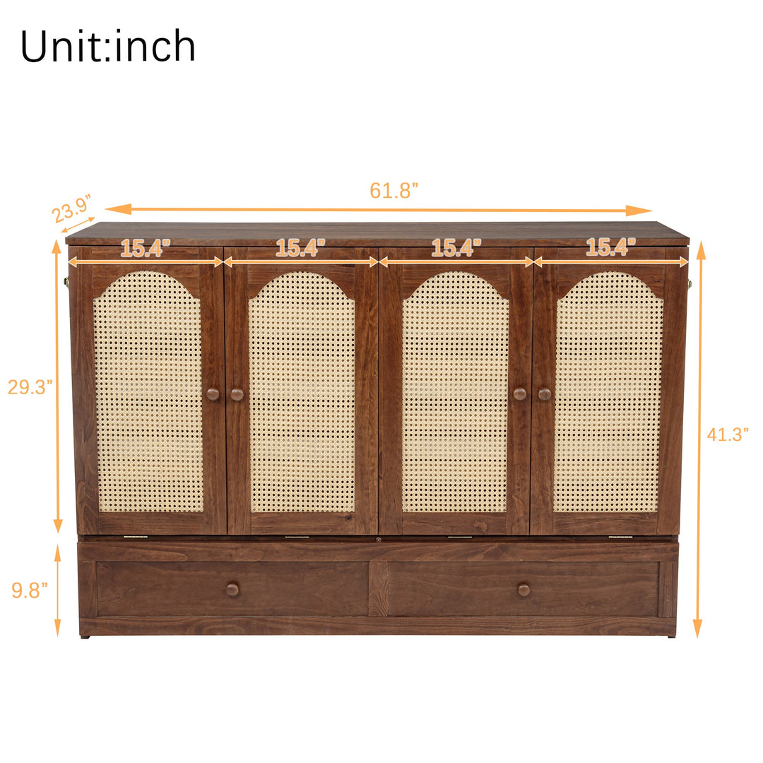 Queen Size Murphy Bed, Pine Wood Cabinet Bed with Power Station and Rattan Decoration Panel,Walnut
