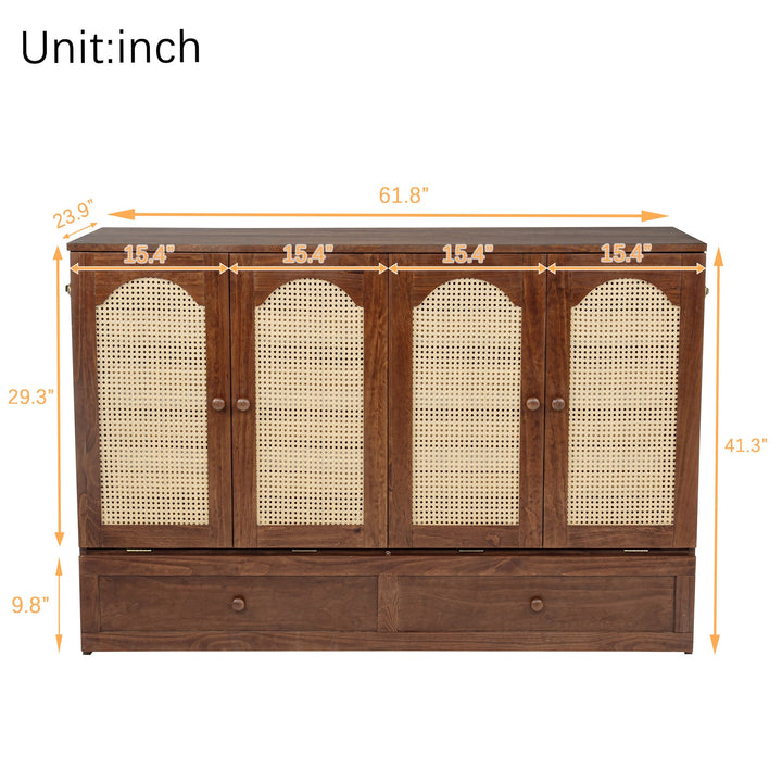 Queen Size Murphy Bed, Pine Wood Cabinet Bed with Power Station and Rattan Decoration Panel,Walnut