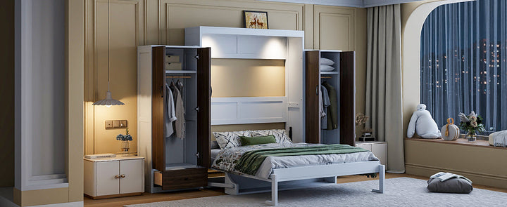 Full Size Murphy Bed Wall Bed with Closet ,Drawers and Table,White