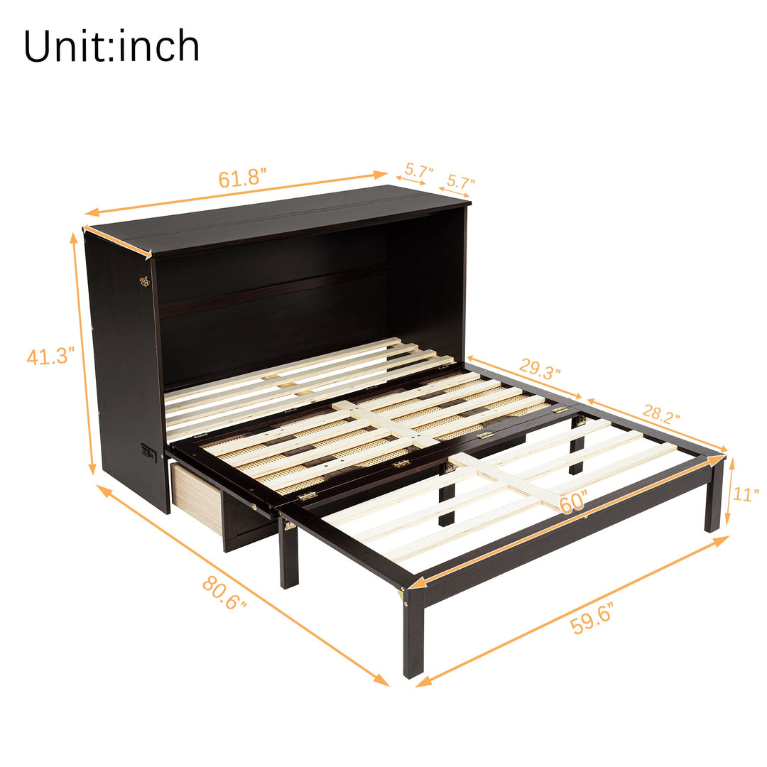 Queen Size Murphy Bed, Pine Wood Cabinet Bed with Power Station and Rattan Decoration Panel,Espresso