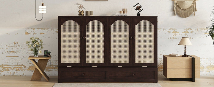 Queen Size Murphy Bed, Pine Wood Cabinet Bed with Power Station and Rattan Decoration Panel,Espresso