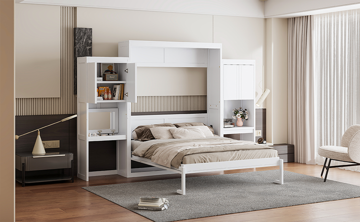 Queen Size Murphy Bed with Desk, Vanity and Cabinets, White