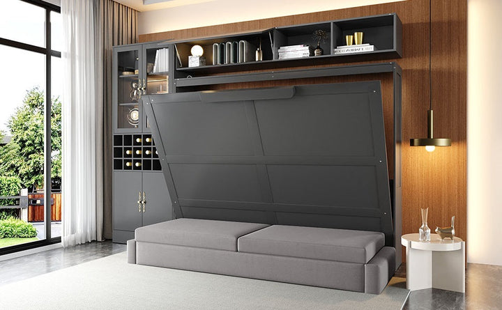 Queen Size Murphy Bed Wall Bed with Sofa , Shelves USB & Light ,Gray