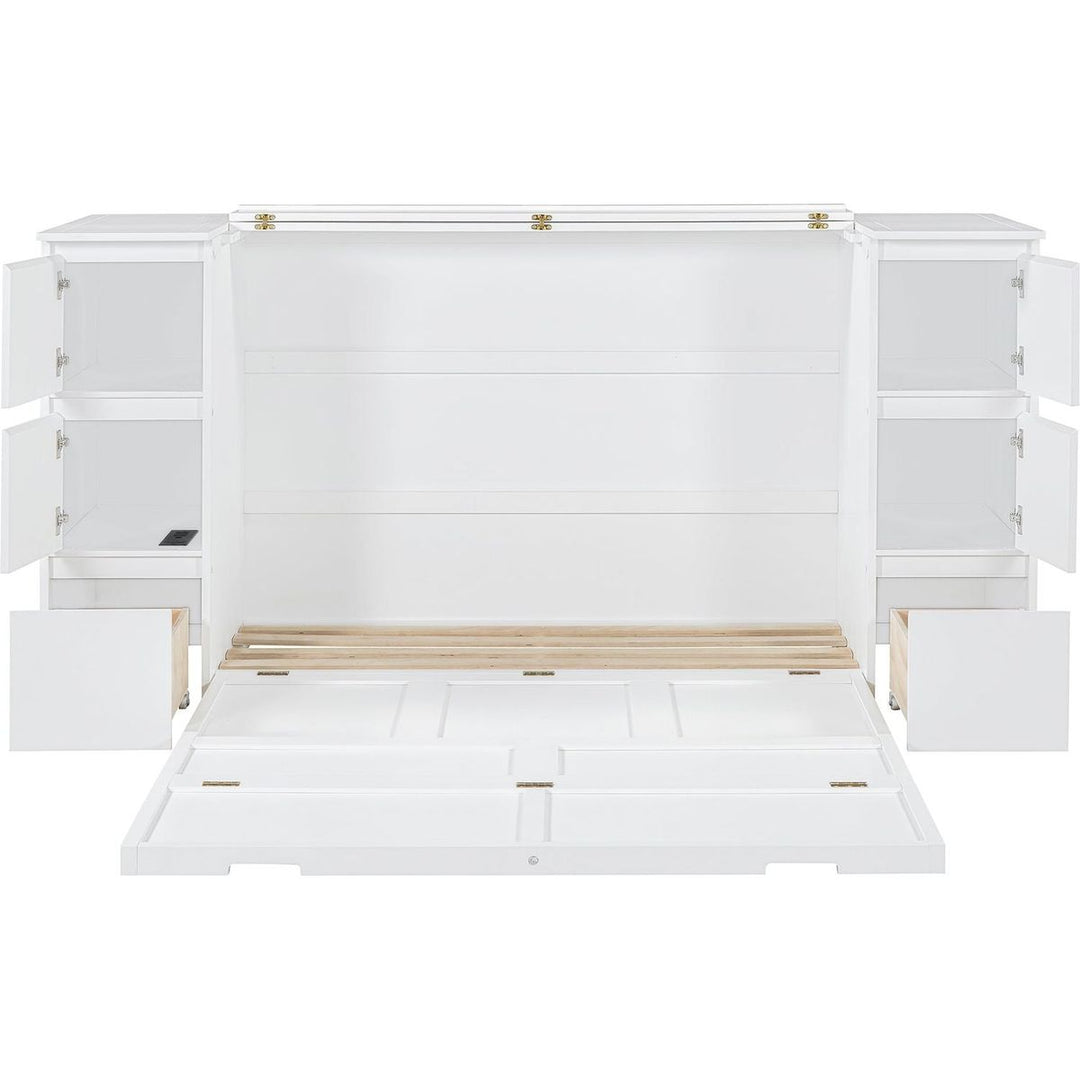 Full Size Murphy Bed with Drawers, Cabinets and USB Ports,White