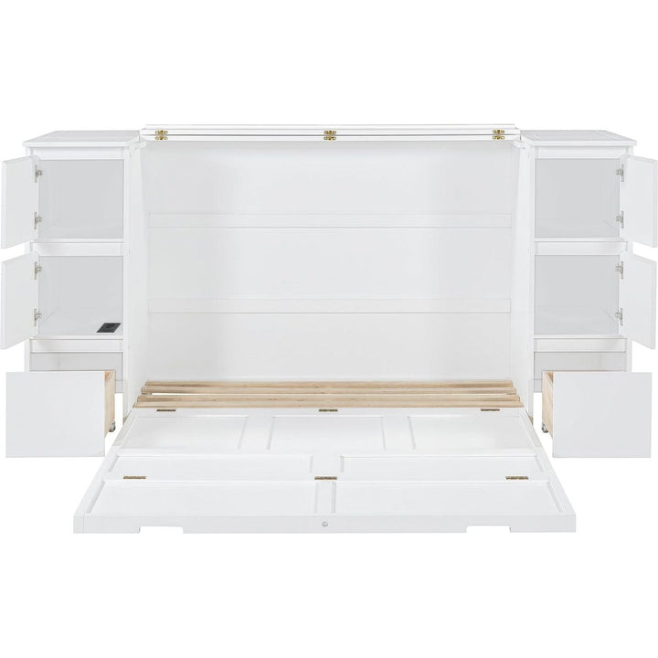 Full Size Murphy Bed with Drawers, Cabinets and USB Ports,White