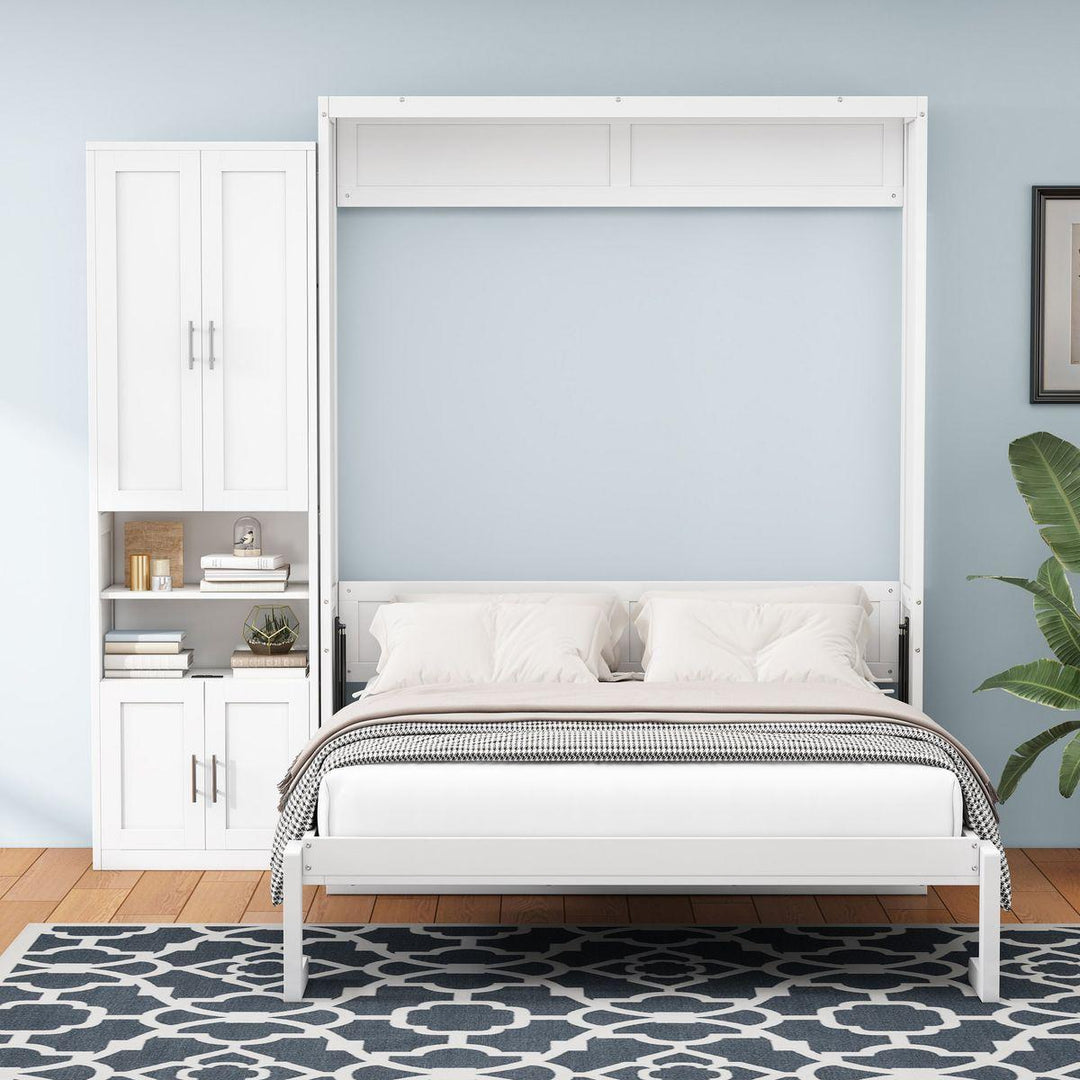 Queen Size Murphy Bed with 2 Side Cabinet Storage Shelves, 68-inch Cabinet Bed Folding Wall Bed with Desk Combo Perfect for Guest Room, Study, Office,White(old sku:BS7013008104C)
