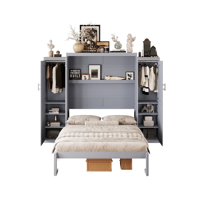 Full Size Murphy Bed, Wooden Full Wall Bed with 2 Wardrobe and Storage Shelf, Multifunctional Foldable Platform Bedframe for Guest-Room, Bedroom, Gray