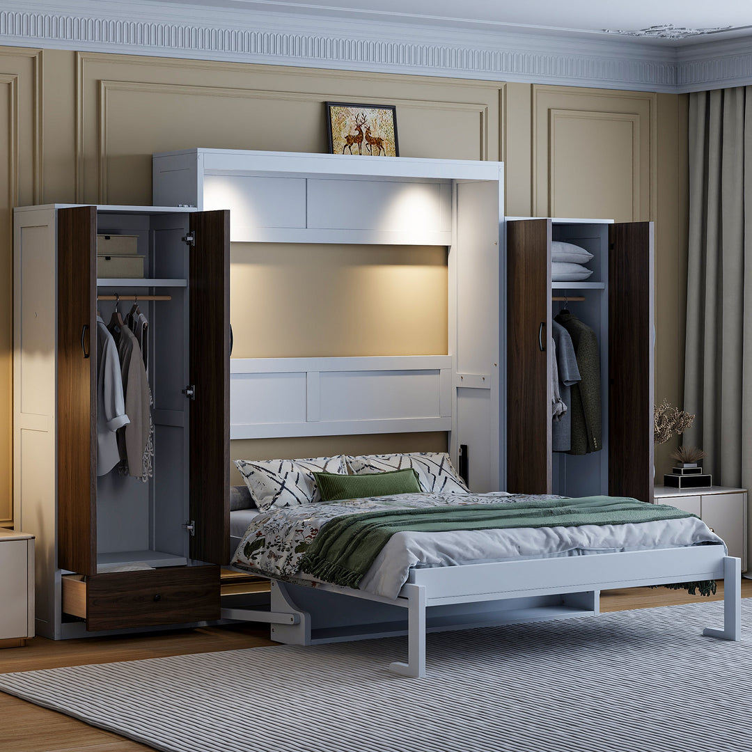 Full Size Murphy Bed Wall Bed with Closet ,Drawers and Table,White