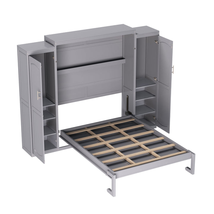 Full Size Murphy Bed, Wooden Full Wall Bed with 2 Wardrobe and Storage Shelf, Multifunctional Foldable Platform Bedframe for Guest-Room, Bedroom, Gray
