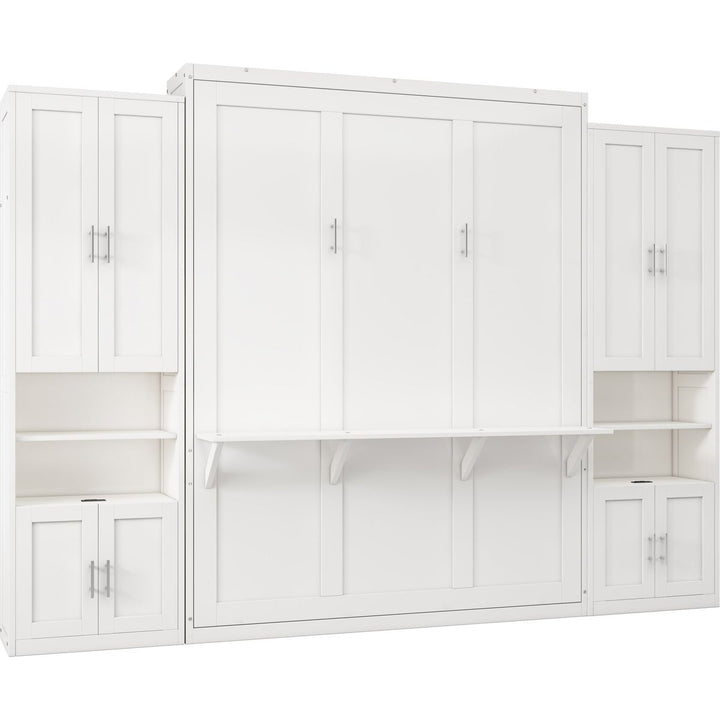 Full Size Murphy Bed with 2 Side Cabinet Storage Shelves, 61.5-inch Cabinet Bed Folding Wall Bed with Desk Combo Perfect for Guest Room, Study, Office,White(old sku:BS7013008109C)