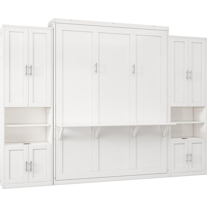 Queen Size Murphy Bed with 2 Side Cabinet Storage Shelves, 68-inch Cabinet Bed Folding Wall Bed with Desk Combo Perfect for Guest Room, Study, Office,White(old sku:BS7013008104C)