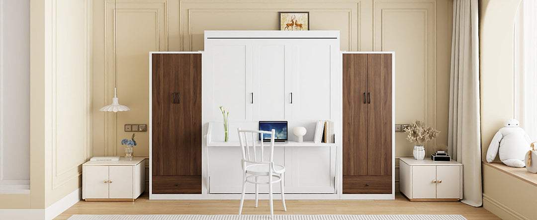 Full Size Murphy Bed Wall Bed with Closet ,Drawers and Table,White