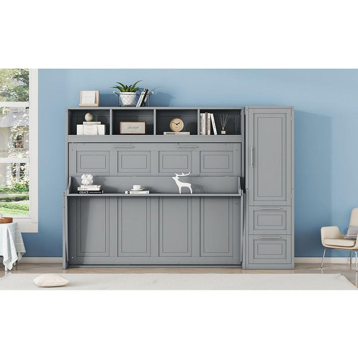 Full Size Murphy Bed Wall Bed with Closet and Drawers,Gray