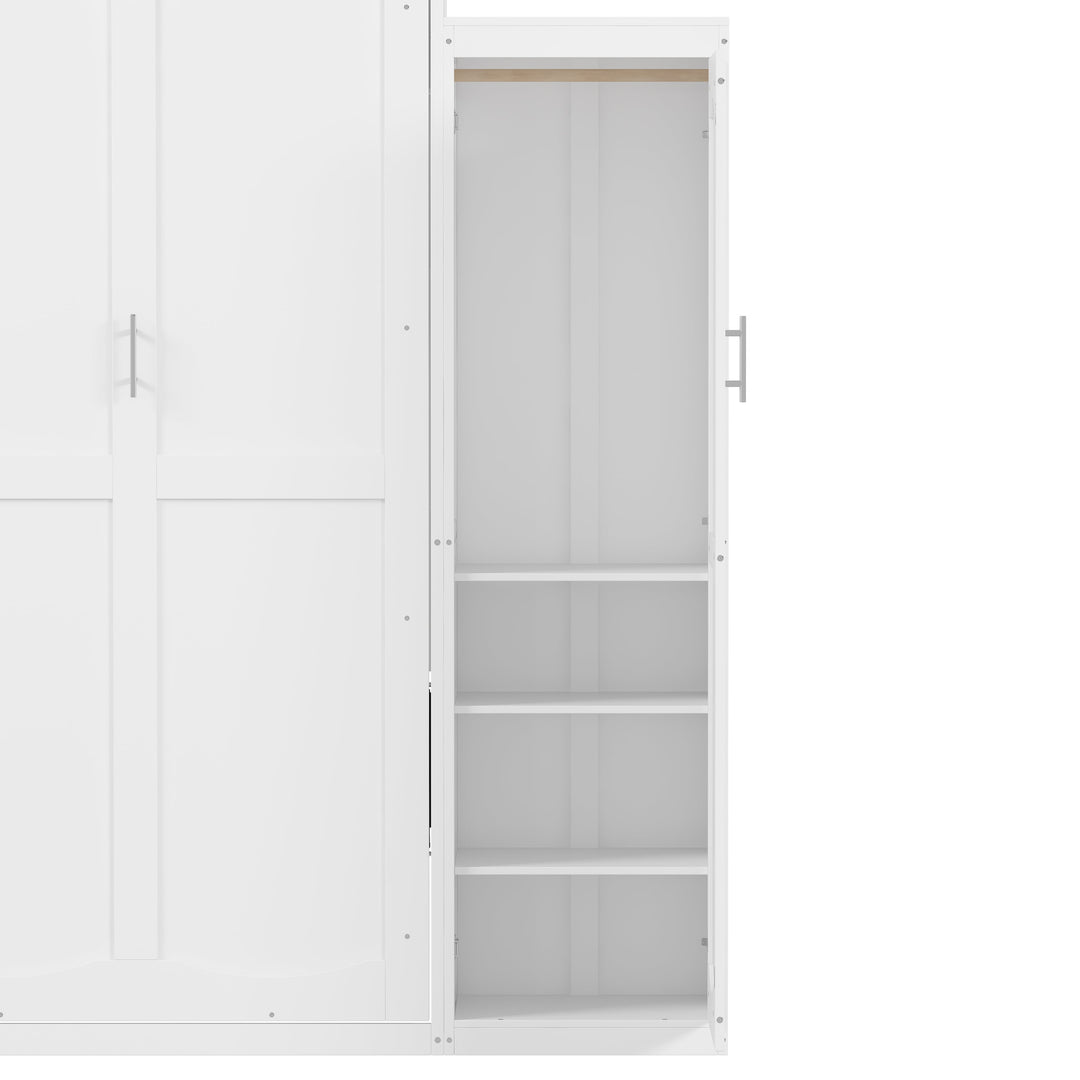 Queen Size Murphy Bed with 2 Wardrobe and Storage Shelf, Multifunctional Foldable Platform Bedframe for Guest-Room, Bedroom, White