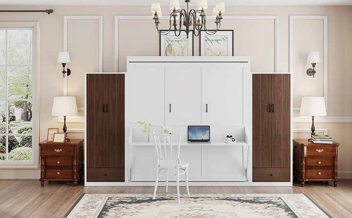 Queen Size Murphy Bed Wall Bed with Closet ,Drawers and Table,White