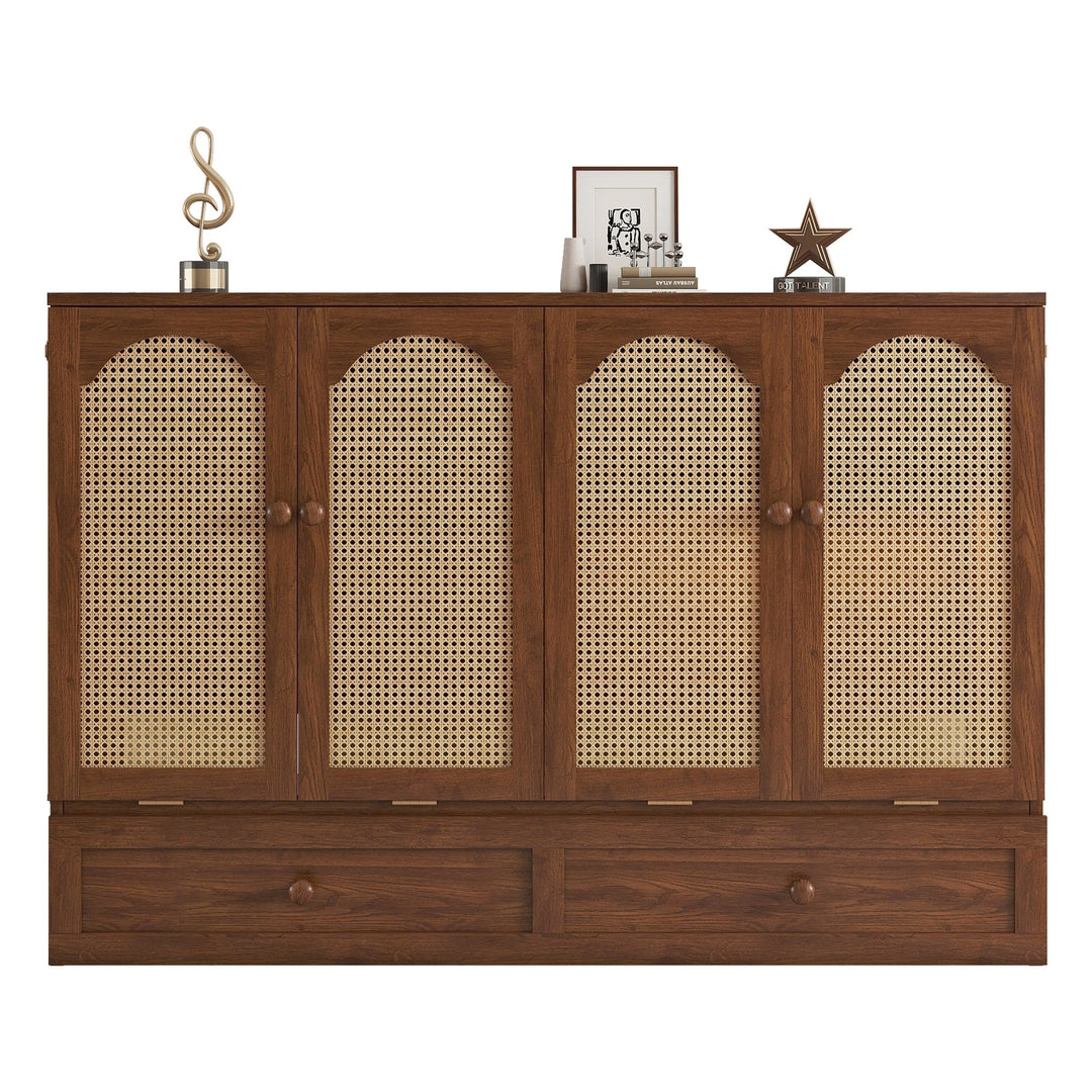 Queen Size Murphy Bed, Pine Wood Cabinet Bed with Power Station and Rattan Decoration Panel,Walnut