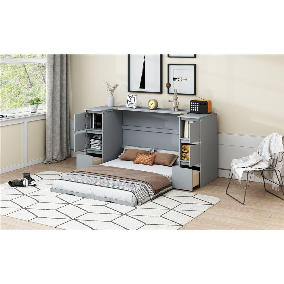 Full Size Murphy Bed with Drawers, Cabinets and USB Ports,Gray