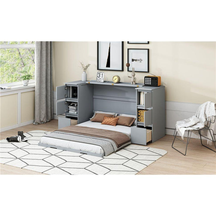 Full Size Murphy Bed with Drawers, Cabinets and USB Ports,Gray