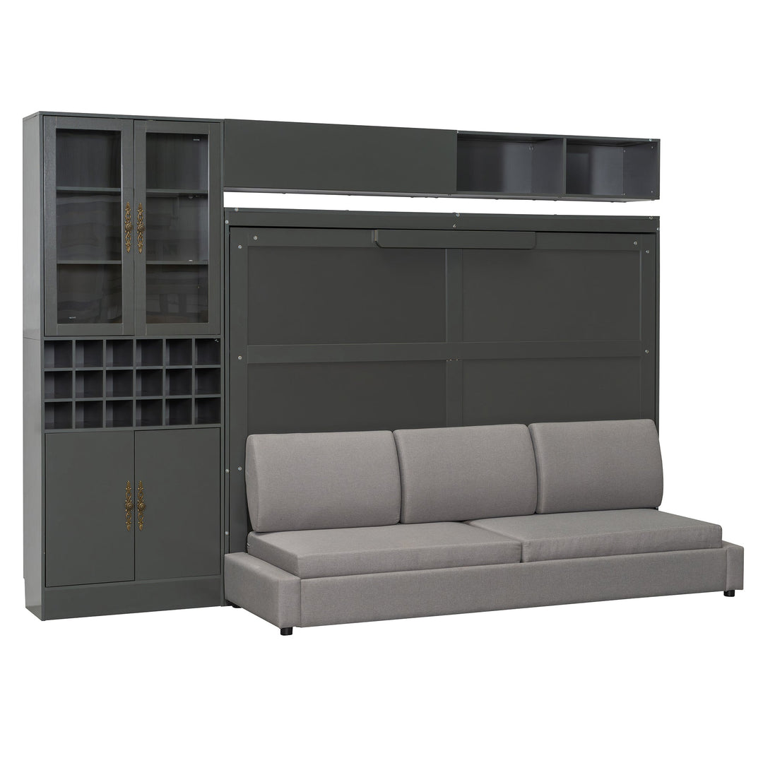 Queen Size Murphy Bed Wall Bed with Sofa , Shelves USB & Light ,Gray