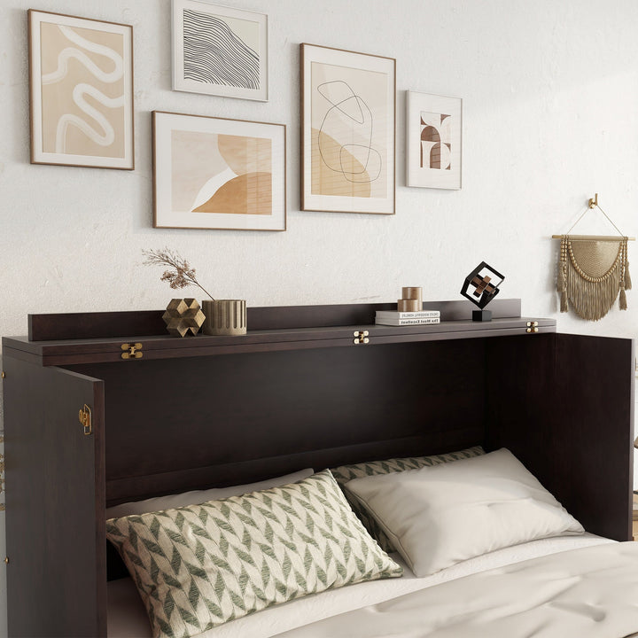 Queen Size Murphy Bed, Pine Wood Cabinet Bed with Power Station and Rattan Decoration Panel,Espresso