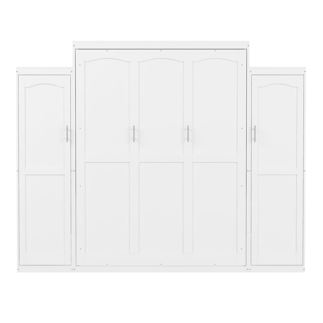 Queen Size Murphy Bed with 2 Wardrobe and Storage Shelf, Multifunctional Foldable Platform Bedframe for Guest-Room, Bedroom, White