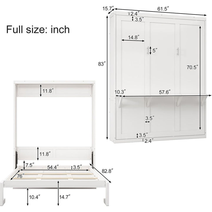 Full Size Murphy Bed with 1 Side Cabinet Storage Shelf, 61.5-inch Cabinet Bed Folding Wall Bed with Desk Combo Perfect for Guest Room,Study, Office,White(old sku:BS7012008109C)