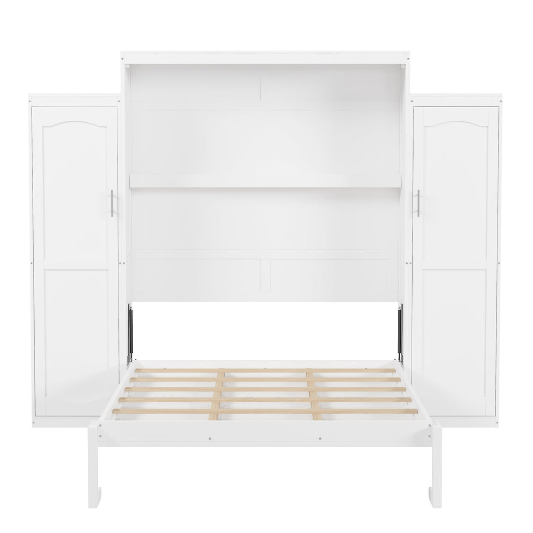 Queen Size Murphy Bed with 2 Wardrobe and Storage Shelf, Multifunctional Foldable Platform Bedframe for Guest-Room, Bedroom, White