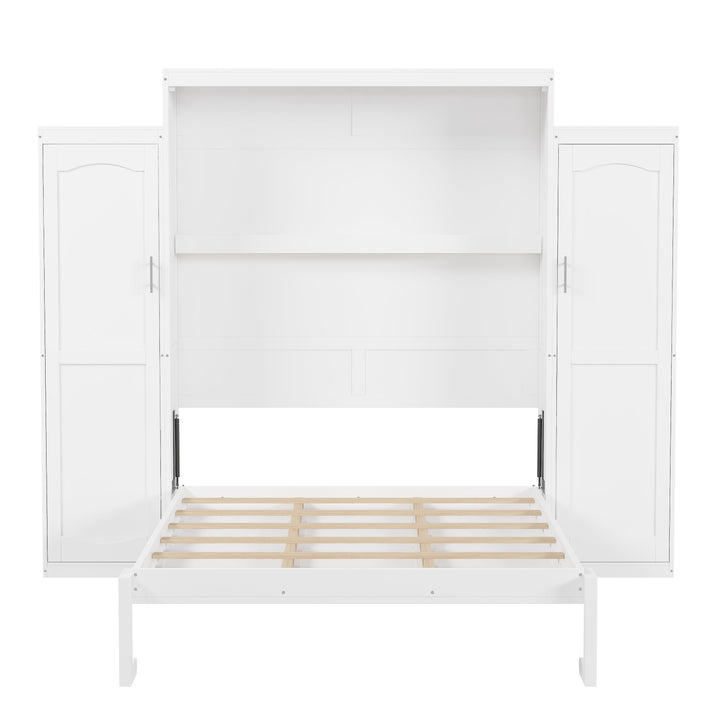 Queen Size Murphy Bed with 2 Wardrobe and Storage Shelf, Multifunctional Foldable Platform Bedframe for Guest-Room, Bedroom, White