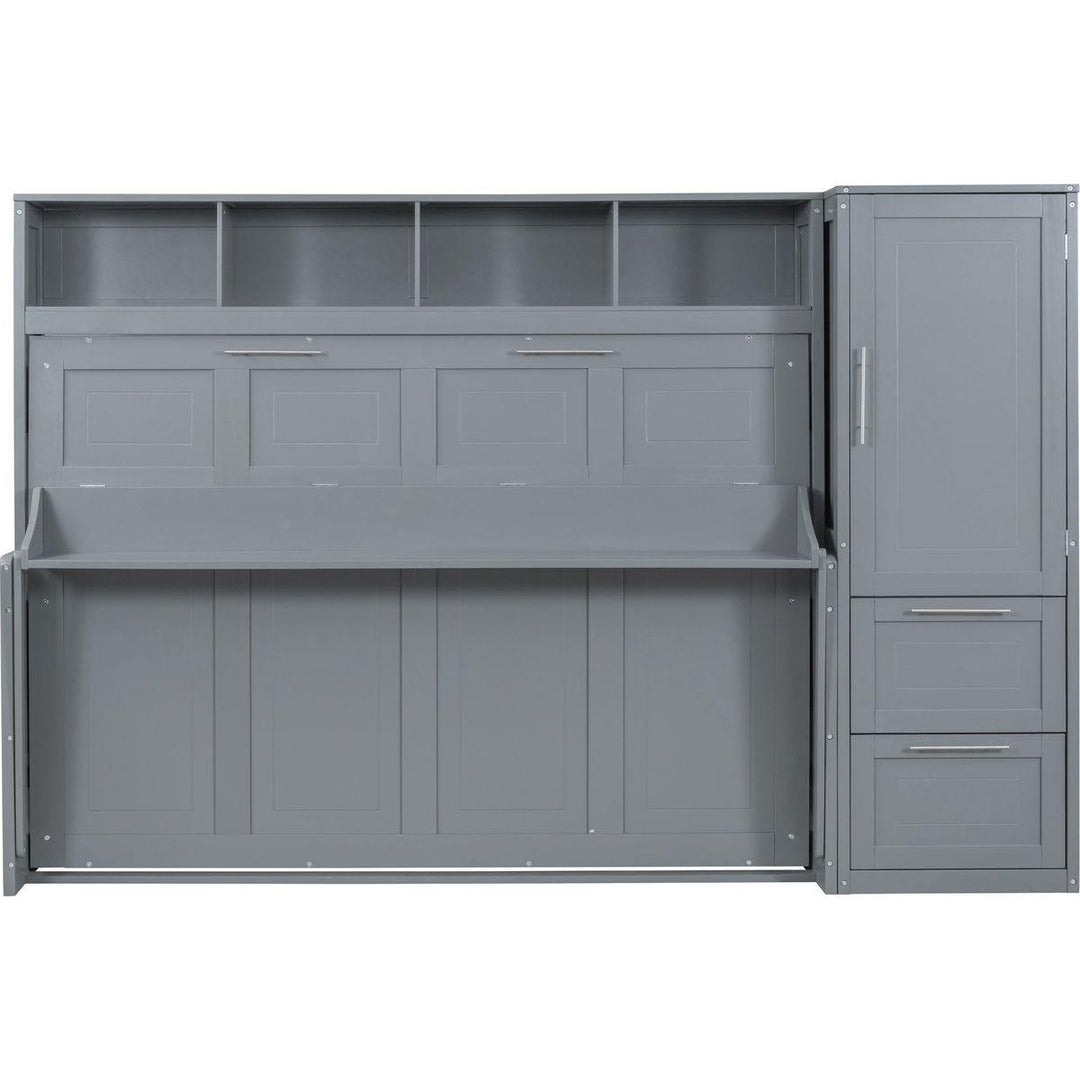 Full Size Murphy Bed Wall Bed with Closet and Drawers,Gray