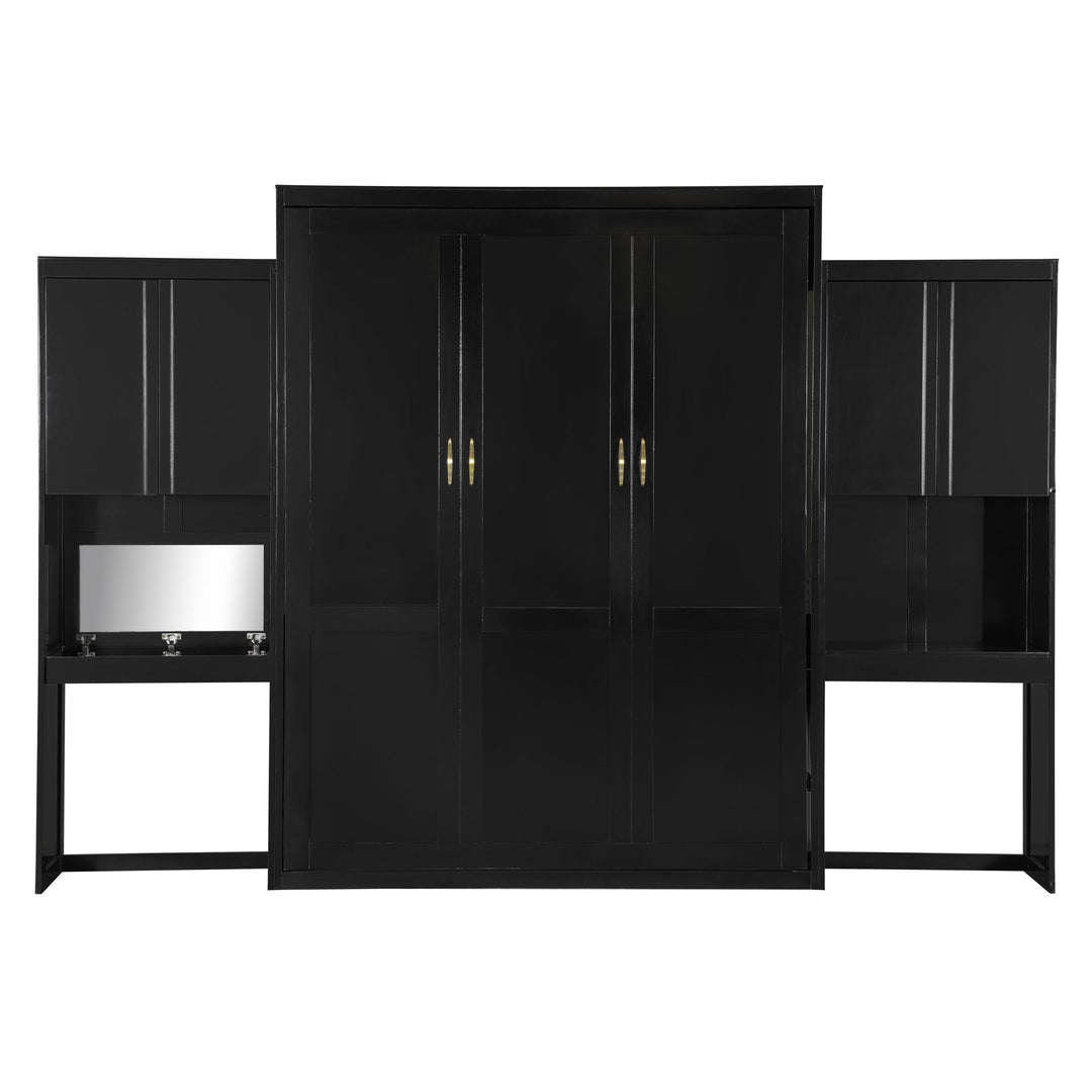 Queen Size Murphy Bed with Desk, Vanity and Cabinets, Espresso