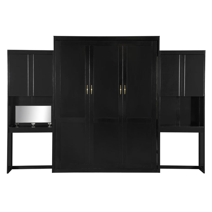 Queen Size Murphy Bed with Desk, Vanity and Cabinets, Espresso