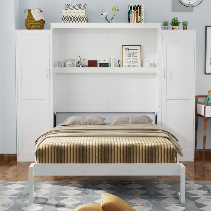 Queen Size Murphy Bed with 2 Wardrobe and Storage Shelf, Multifunctional Foldable Platform Bedframe for Guest-Room, Bedroom, White