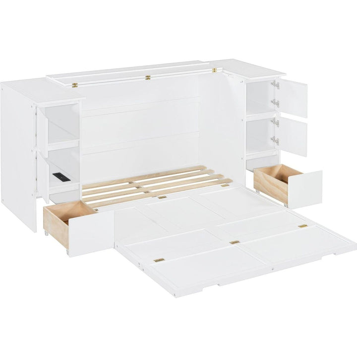 Full Size Murphy Bed with Drawers, Cabinets and USB Ports,White