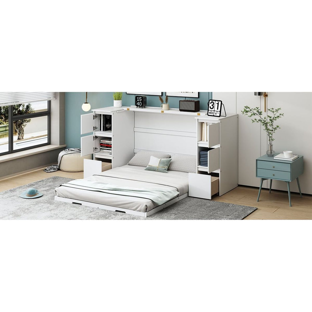 Full Size Murphy Bed with Drawers, Cabinets and USB Ports,White