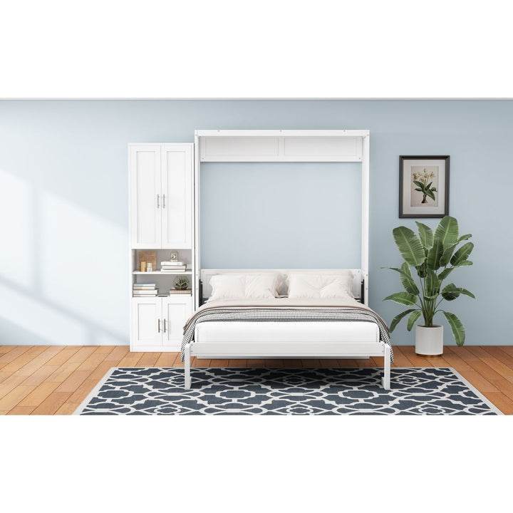 Full Size Murphy Bed with 1 Side Cabinet Storage Shelf, 61.5-inch Cabinet Bed Folding Wall Bed with Desk Combo Perfect for Guest Room,Study, Office,White(old sku:BS7012008109C)