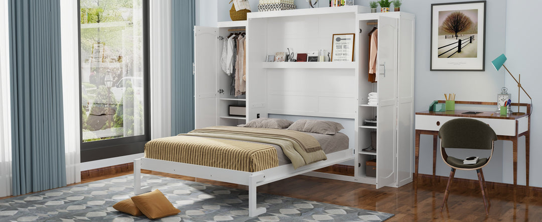 Queen Size Murphy Bed with 2 Wardrobe and Storage Shelf, Multifunctional Foldable Platform Bedframe for Guest-Room, Bedroom, White