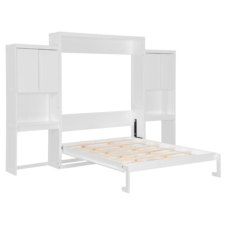 Queen Size Murphy Bed with Desk, Vanity and Cabinets, White