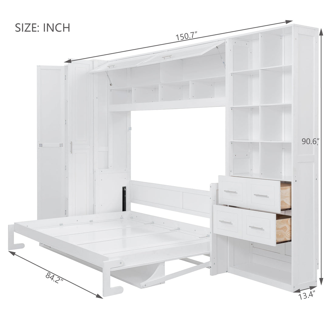 Queen Size Murphy Bed Wall Bed with Closet , Drawers and Shelves, White