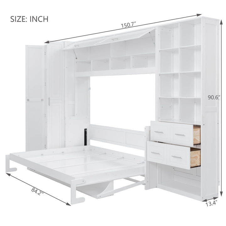 Queen Size Murphy Bed Wall Bed with Closet , Drawers and Shelves, White