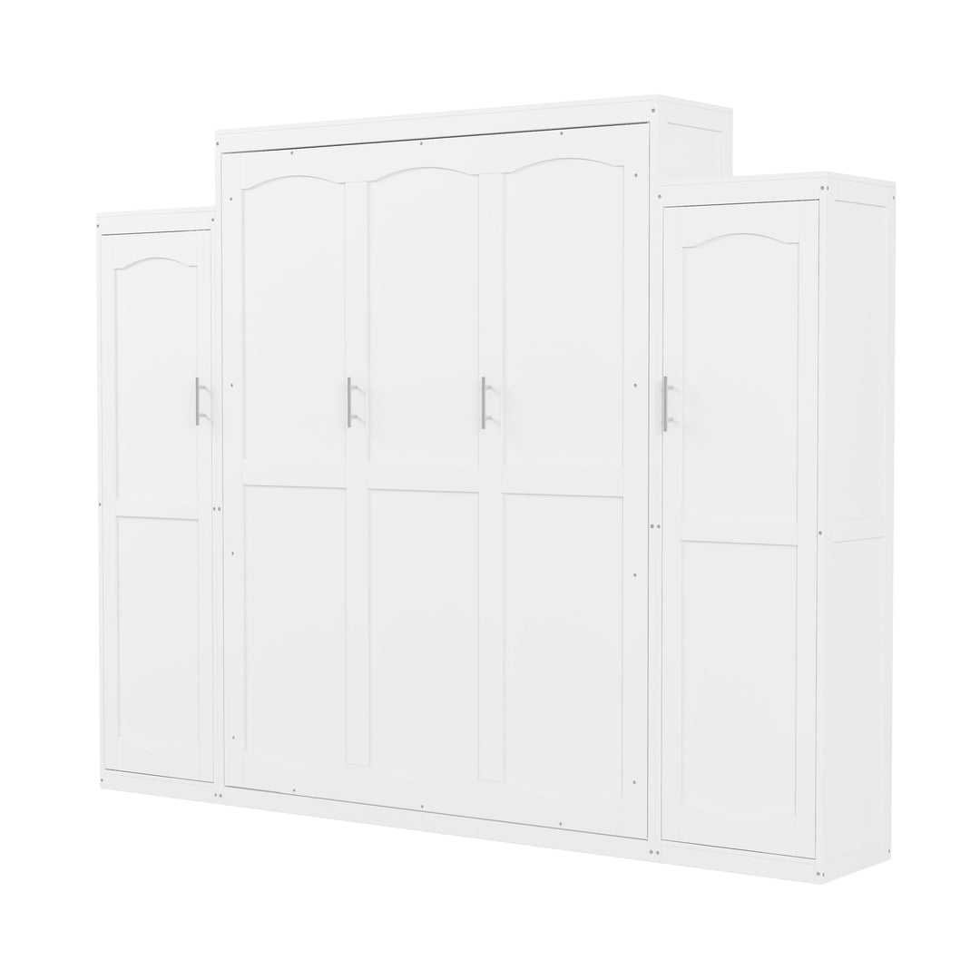 Queen Size Murphy Bed with 2 Wardrobe and Storage Shelf, Multifunctional Foldable Platform Bedframe for Guest-Room, Bedroom, White