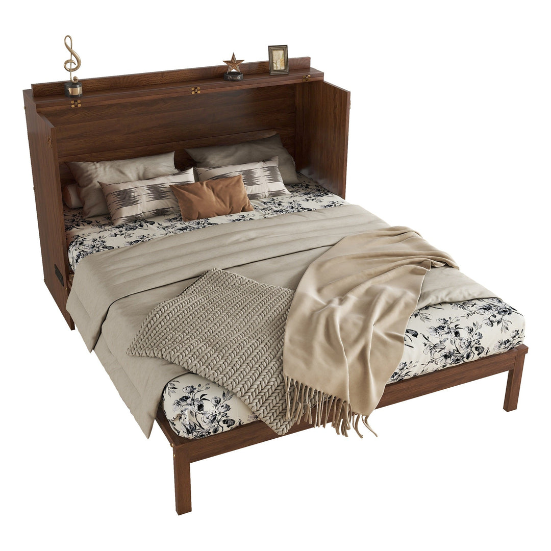 Queen Size Murphy Bed, Pine Wood Cabinet Bed with Power Station and Rattan Decoration Panel,Walnut