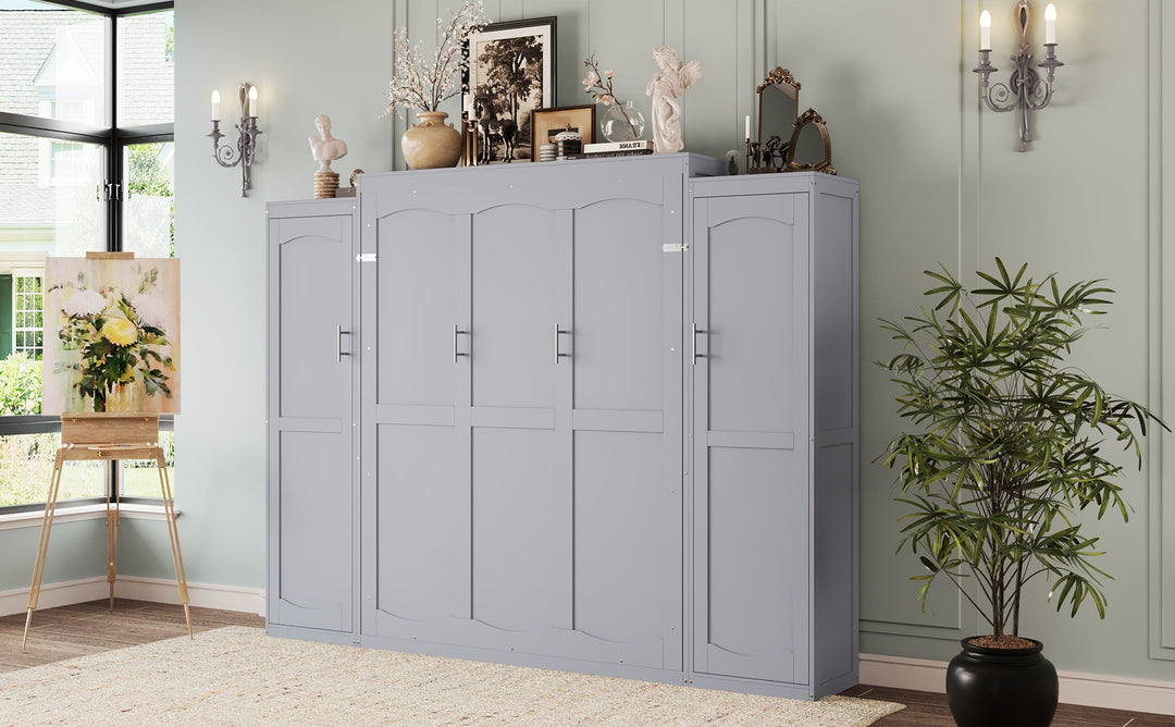 Full Size Murphy Bed, Wooden Full Wall Bed with 2 Wardrobe and Storage Shelf, Multifunctional Foldable Platform Bedframe for Guest-Room, Bedroom, Gray