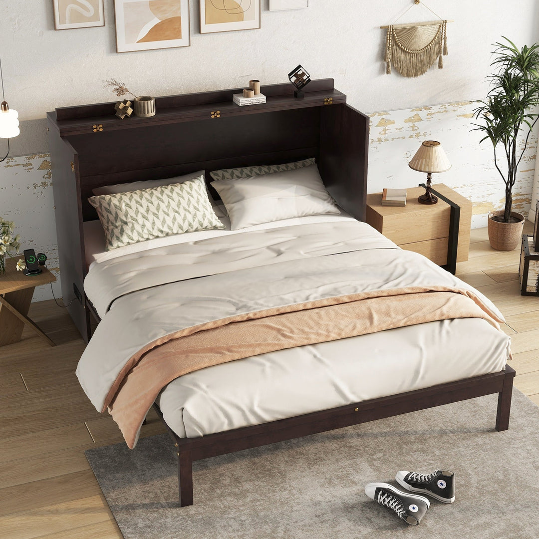 Queen Size Murphy Bed, Pine Wood Cabinet Bed with Power Station and Rattan Decoration Panel,Espresso